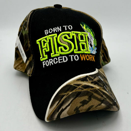 "Born to Fish, Forced to Work" Camo Trucker Hat