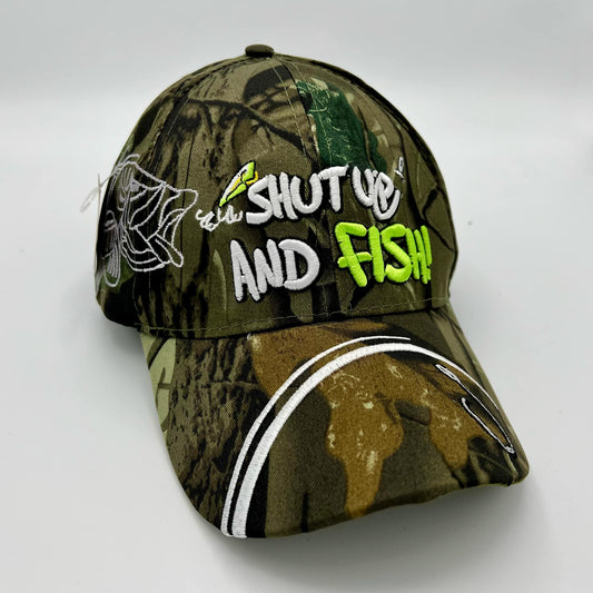 Cap- Shut Up and Fish - Black with Camo trim Cap