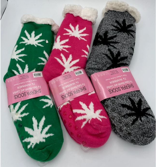 Plush Sherpa Socks with Marijuana Leaf Green, Pink, Black Assortment of 3