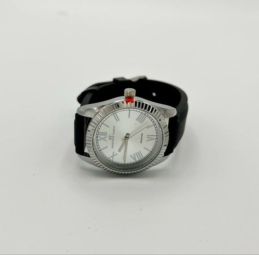 Mens Black Montres Carlo Sport Watch Round Silver Tone with Black Leather Strap