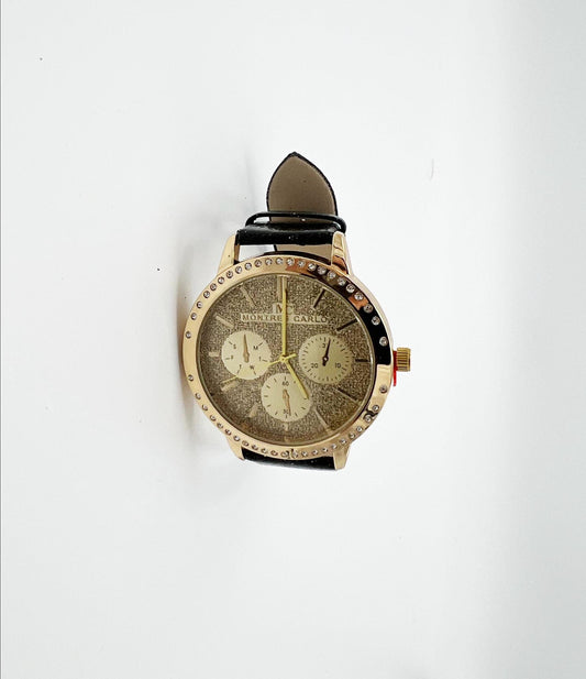 Men's Montres Carlo Sport Watch: Gold Tone Rhinestone Bezel, Black Leather