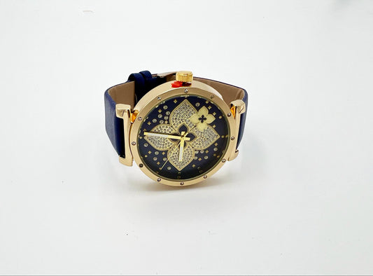 Womens Blue Leather Watch: Gold Tone Rhinestone Montres Carlo