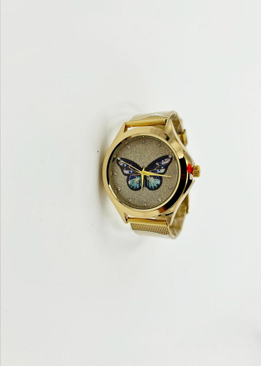 Ladies Gold Butterfly Watch: Rhinestone Bezel, Gold Tone Band