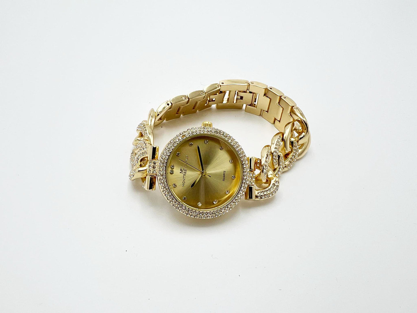 Ladies Gold Toned Rhinestone Watch: Montres Carlo Sport