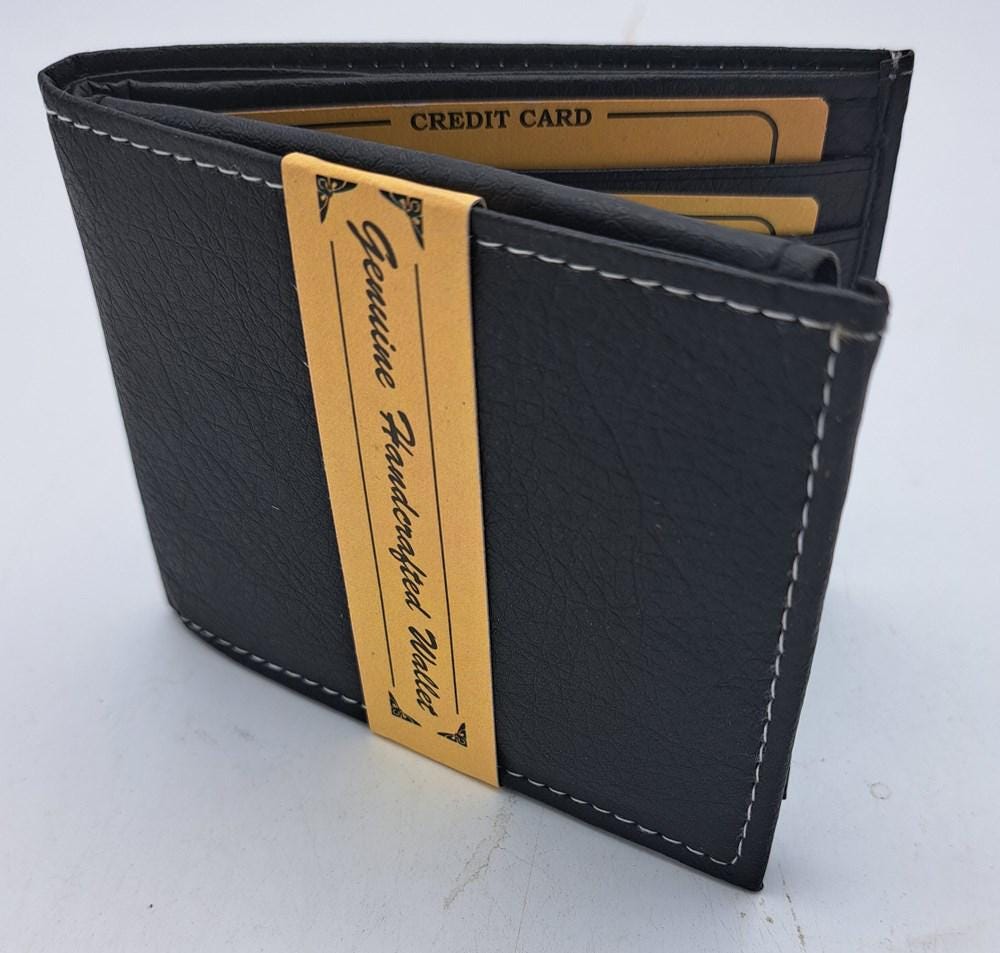 Genuine Handcrafted Leather Wallet - Black with White Stitching