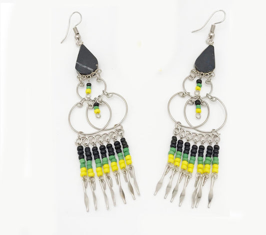 Rasta Beaded Chandelier Dangle Earrings: Green, Yellow & Black