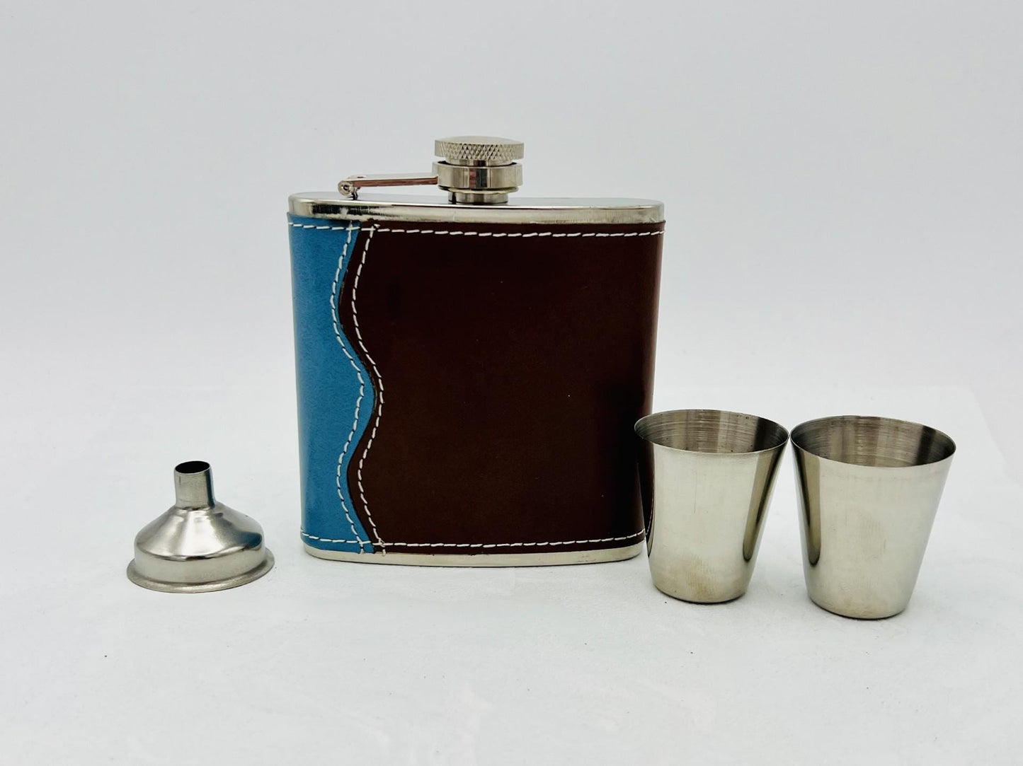 Two-Tone Leather Hip Flask Set with Shot Cups and Funnel - 8 oz