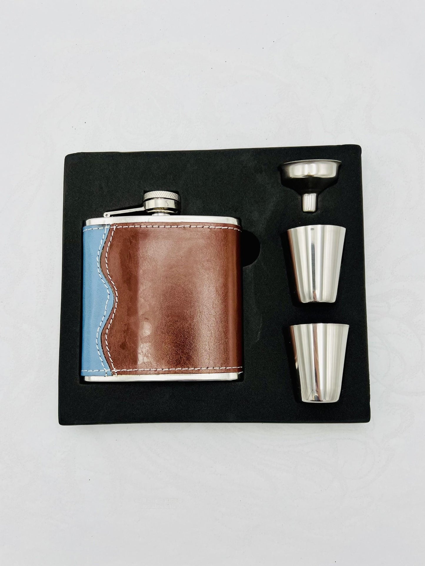 Two-Tone Leather Hip Flask Set with Shot Cups and Funnel - 8 oz