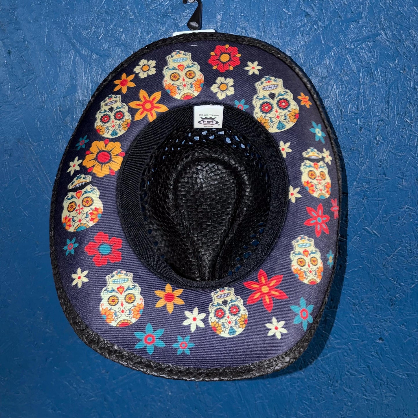 Straw Cowboy Hat - Sugar Skulls with Flowers and beadwork -  Día de los Muertos